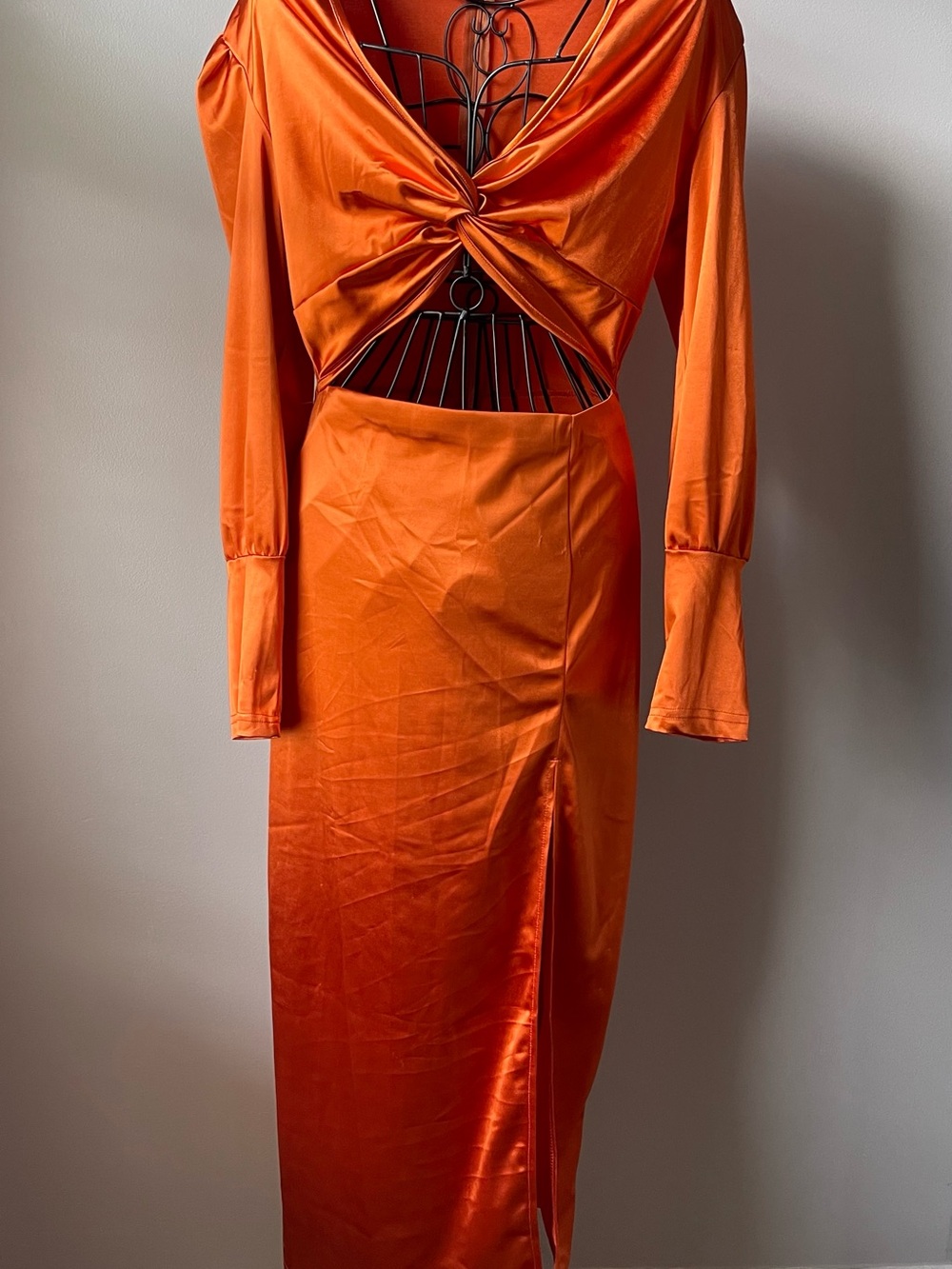 Women's Orange Satin Twist Front Skirted Dress